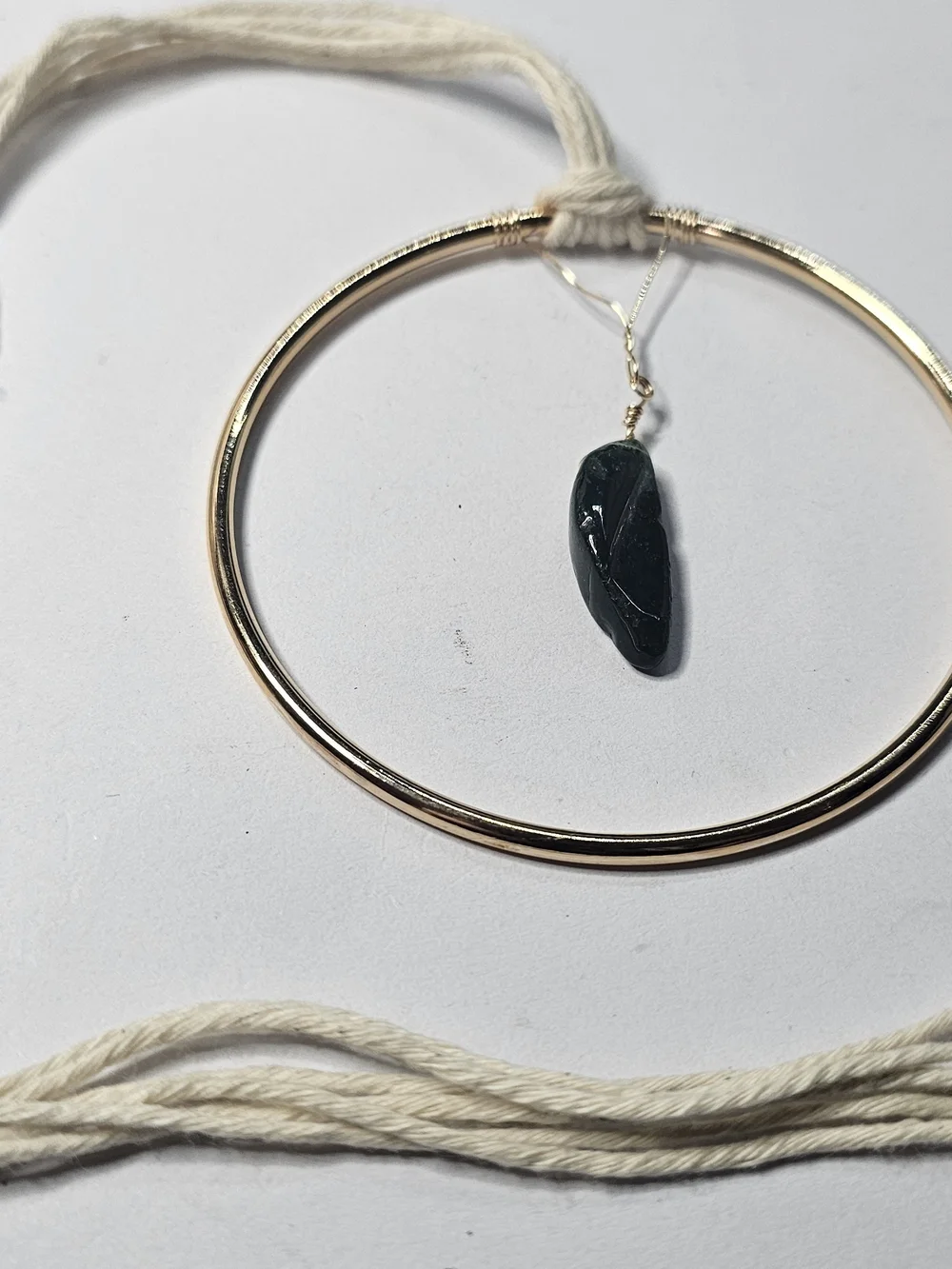 Gold Metal Hoop Hanging Pendant with Dark Green Stone